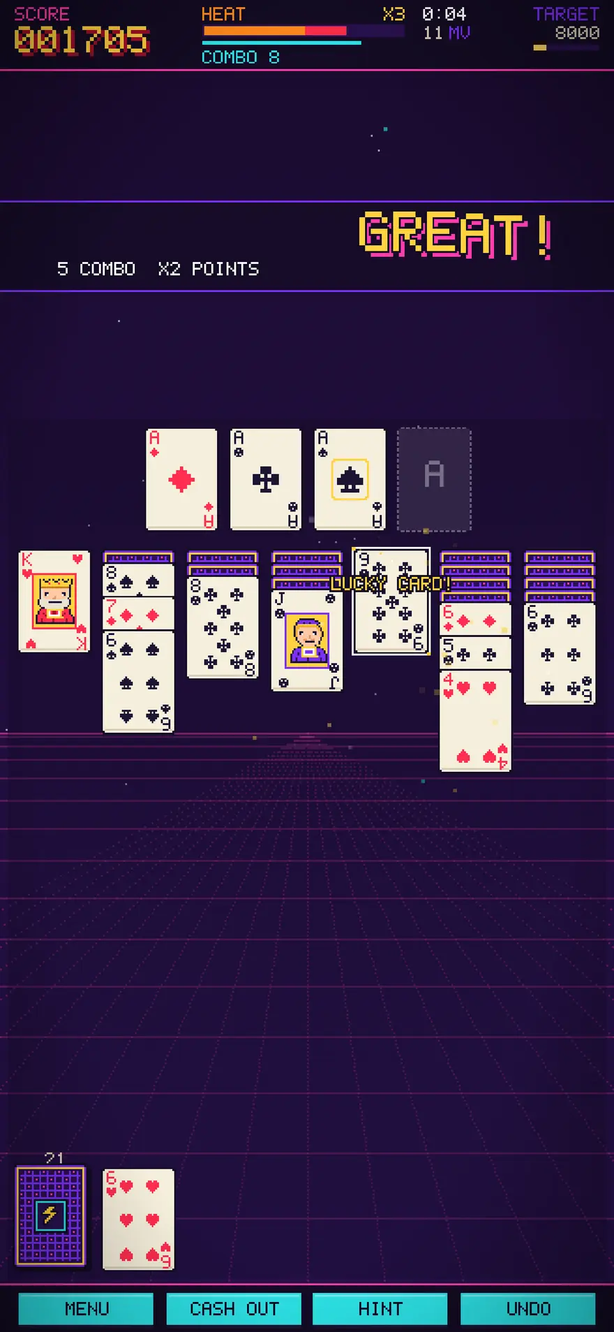 A five-card combo calls out GREAT! during a Kaboom Run