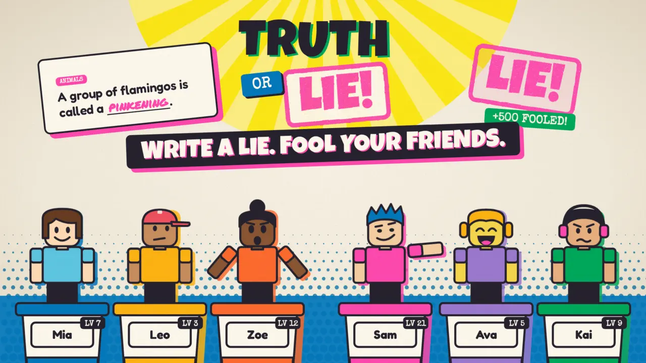 Promo art: contestants at their podiums as one writes a lie about flamingos